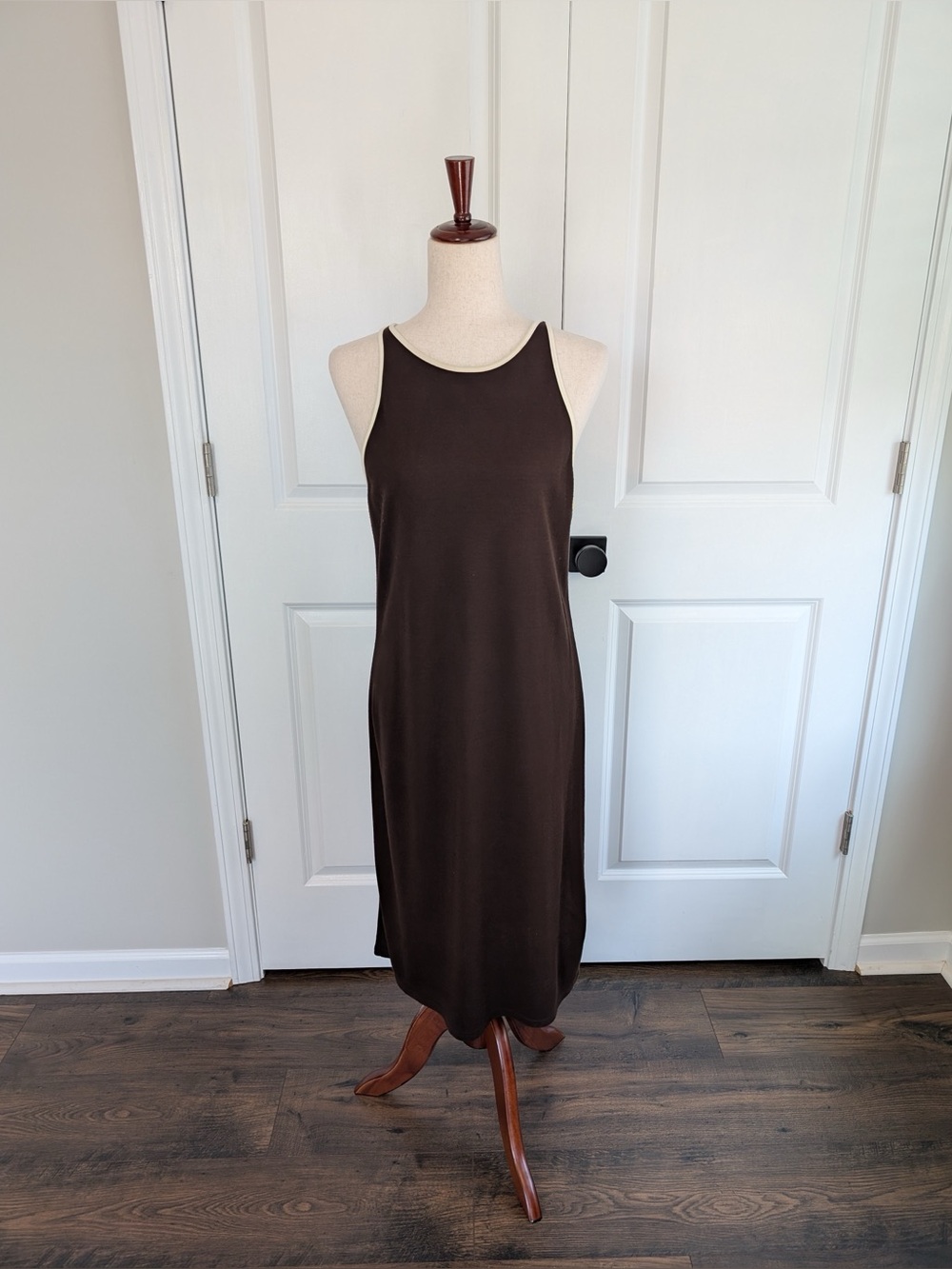 Lauren Ralph Lauren Sleeveless Racerback Midi Dress Brown w/Cream Trim Size Lg